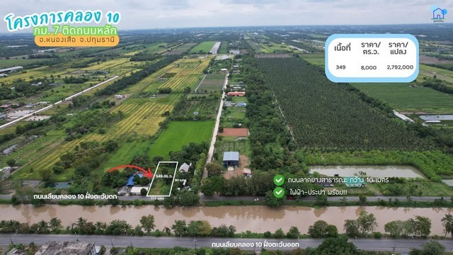 ขายที่ดินคลอง 10 กม.7 ติดถนนเลียบคลอง 10 หนองเสือ ปทุมธานี แปลง 349 ตารางวา 349 ตารางวา ติดถนนหลัก น้ำไฟพร้อม เหมาะสร้างบ้าน ทำธุรกิจ