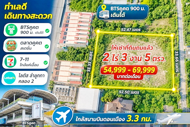 BTSคูคต900ม.โลตัส ลำลูกกา คลอง2  ให้เช่าที่ดินถมแล้ว 2 ไร่ 3 งาน 5ตรว. คอมมูนิตี้มอลล์  4,420 ตร.ม.   เดินได้ ตลาดคูคต สเตชั่น 7-11 