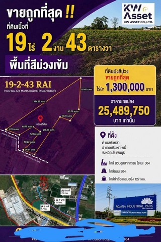 ขายถูกที่สุด!! 19-2-43 ไร่ ผังสีม่วง ศรีมหาโพธิ์ ปราจีนบุรี