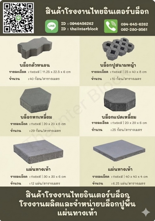 บล็อกปูหญ้า บล็อกตัวหนอน แผ่นทางเท้า บล็อกหกเหลี่ยม ราคาโรงงาน 094-645 6262