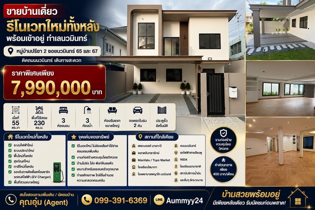 ขายบ้านเดี่ยวรีโนเวทใหม่ทั้งหลัง พร้อมเข้าอยู่ ทำเลนวมินทร์  หมู่บ้านปรีชา 2 ซอยนวมินทร์ 65 และ 67