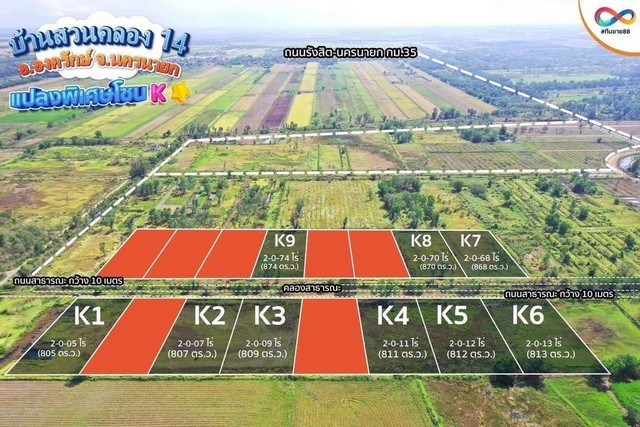 ขายที่ดินบ้านสวนคลอง 14 กม.35 องครักษ์ นครนายก แปลง K1 ขนาด 805 ตารางวา เหมาะทำบ้านสวน เกษตร หรือซื้อเก็บลงทุน