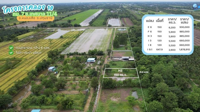 ขายที่ดินคลอง 10 กม.7 หนองเสือ ปทุมธานี แปลง H3 150 ตารางวา ไฟฟ้าประปาพร้อม เหมาะสร้างบ้านสวนหรือซื้อเก็บ
