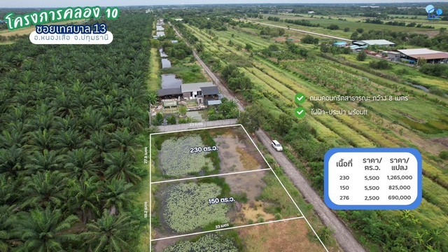 ขายที่ดินคลอง 10 ซอยเทศบาล 13 หนองเสือ ปทุมธานี 276 ตารางวา ไฟฟ้าประปาพร้อม เหมาะสร้างบ้านสวนหรือซื้อเก็บ