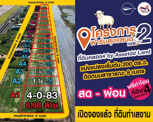 ที่ดินราคาถูก!!!คลอง4คลองหลวง ไร่ละ 1.59ล้านบาท ผังสีชมพู